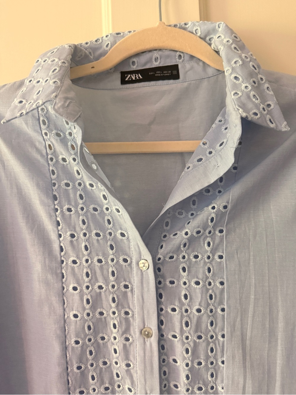ZARA Pale Blue Eyelet Button-Down Shirtdress